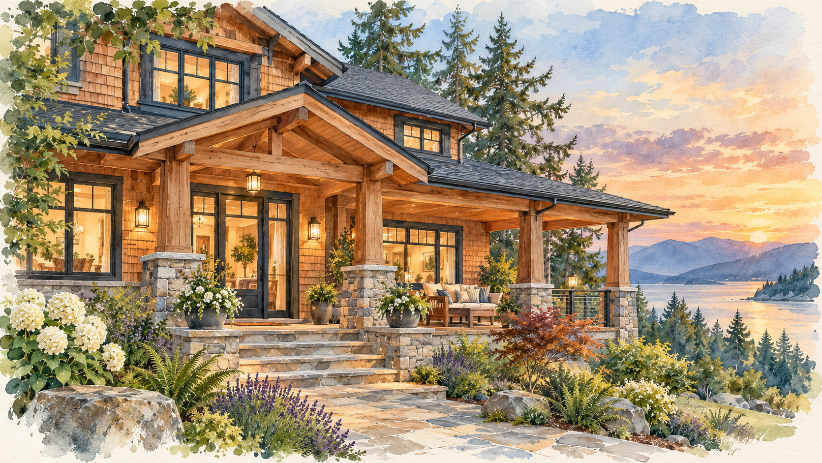Watercolor illustration of a cedar-shingled Pacific Northwest home with a welcoming stone porch overlooking the water at sunset